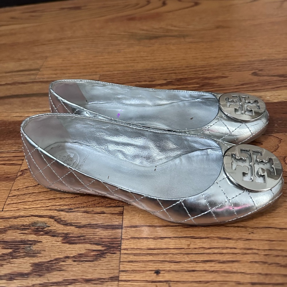 Tory Burch Metallic Silver Quilted Flats